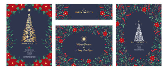 Hand drawn set of Christmas invitation cards with poinsettia, leaves, branches, berries, holly, stars and Christmas tree. Winter floral cozy collection. Holiday vector illustration with copy space