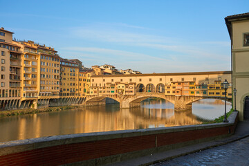 city scape of world heritage city o fFlorence in Tuscany , Italy, with with famous Ponte Vecchio  and river Arno