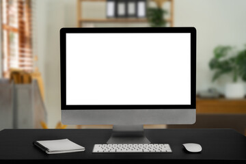 Work place concept : Mock up Blank screen computer desktop with keyboard or co-working background.