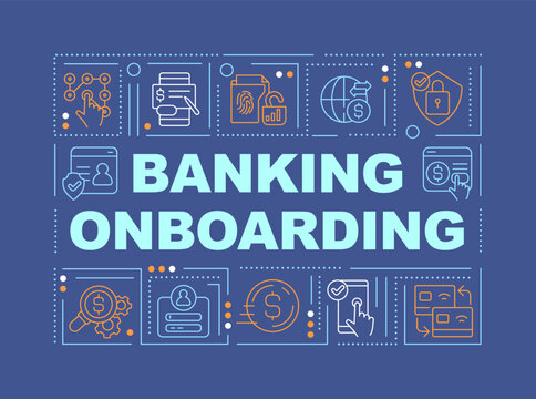 Banking onboarding word concepts dark blue banner. Financial services. Infographics with editable icons on color background. Isolated typography. Vector illustration with text. Arial-Black font used