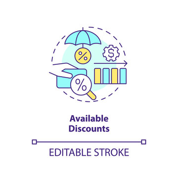 Available discounts concept icon. Insurance company. Clients loyalty program abstract idea thin line illustration. Isolated outline drawing. Editable stroke. Arial, Myriad Pro-Bold fonts used