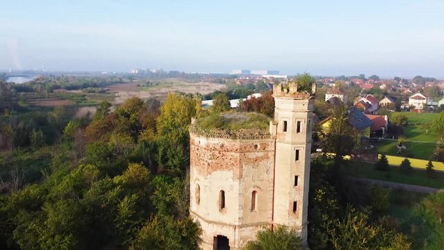 Destroyed old Romanesque tower in an European village