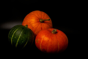 Still life of orange and green pumpkins on a black background