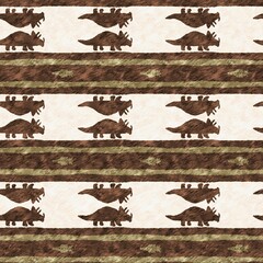 Hand drawn triceratops dinosaur seamless pattern. Gender Neutral Jurassic fossil silhouette for baby nursery. Gender neutral home decor for museum, extinction and textile design.  © Leah