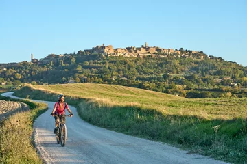 Rugzak nice senior woman riding her electric mountain bike between olive trees in the Ghianti area with medieval city of Montepulciano in background, Tuscany , Italy © Uwe