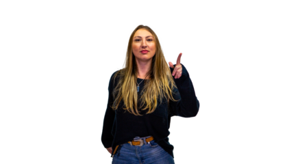 Brazilian blonde woman on white studio background, with copy space. Pointing fingers, laughing and posing.