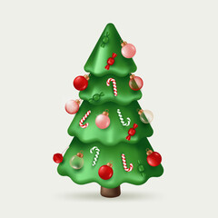 Christmas tree, decorated glass balls, and candies. Vector illustration in cartoon 3D style