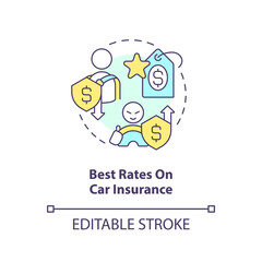 Best rates on car insurance concept icon. Auto coverage discounts. Reduce costs abstract idea thin line illustration. Isolated outline drawing. Editable stroke. Arial, Myriad Pro-Bold fonts used