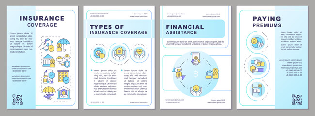 Insurance coverage services blue brochure template. Finance safety. Leaflet design with linear icons. Editable 4 vector layouts for presentation, annual reports. Arial, Myriad Pro-Regular fonts used