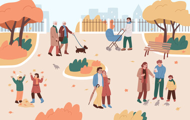 Autumn Park. Landscape. Couple hugging walking with coffee. Children throw leaves, old man and woman walking with a dog, family feeding birds. Fall. Scenery, set. Season. Fun outdoors, activity. 