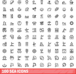 Fototapeta na wymiar 100 sea icons set. Outline illustration of 100 sea icons vector set isolated on white background