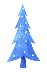 Christmas tree watercolor clipart. Illustration of a fir tree in the snow. A plant for the winter landscape of the park and forest. Isolated image of a blue tree, hand-painted
