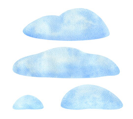 Winter surface. Watercolor illustration of snowdrifts to create decorative compositions. A set of land plots for a complete background design. Isolated clipart of a snow-covered blue island