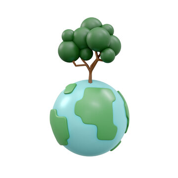 3D Rendering of earth and tree icon concept of World Environment Day background, banner, card, poster. 3D Render illustration cartoon style.