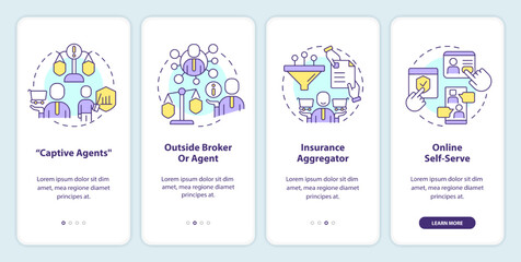 Insurance seller types onboarding mobile app screen. Security provider walkthrough 4 steps editable graphic instructions with linear concepts. UI, UX, GUI template. Myriad Pro-Bold, Regular fonts used