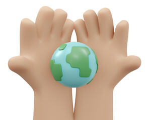 3D Rendering of hand holding earth icon concept of World Environment Day. 3D Render illustration cartoon style.