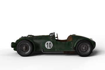 3D illustration of an old vintage green racing car isolated on transparent background.