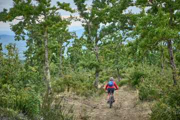 Fototapeta premium nice senior woman riding her electric mountain bike on a rough rocky trail between old oak trees in the Casentino mountains near Arezzo,Tuscany , Italy