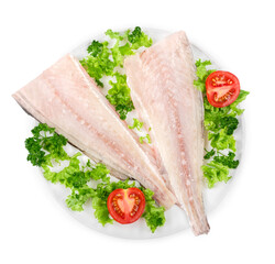 Tasty fish in white plate isolated on white background
