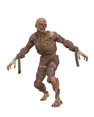 3d illustration of a fantasy mummy monster walking and looking left isolated on transparent background.