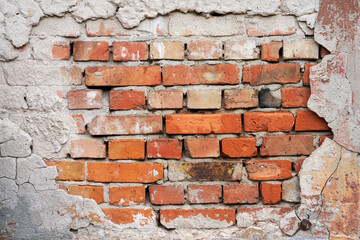 Old red brick wall. Peeled plaster frome the wall