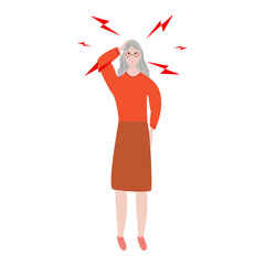 Sad Senior woman having headache or dizziness. Sick girl touching her head. Girl suffering from fever or influenza.Symptom of common cold, infectious disease. Flat cartoon vector illustration.