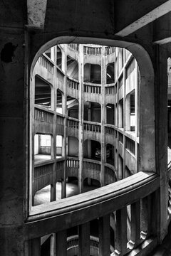 Black and white photography of the helicoidal Parking in Grenoble France