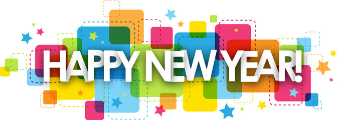 HAPPY NEW YEAR! colorful typography banner with stars on transparent background