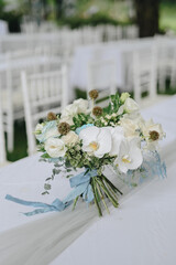 Fairy-tale with blue and white accent flowers theme. Clean white table setting for wedding ceremony or reception. Family intimacy dinner outdoors with starlight.