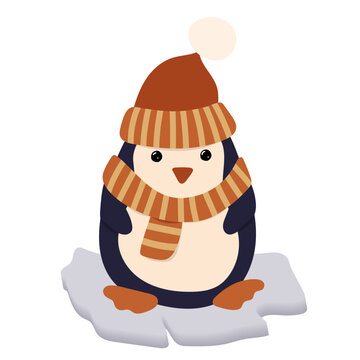 Penguin in hat and scarf on an ice floe. Winter clipart.
