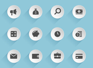 business vector icons on round puffy paper circles with transparent shadows on blue background. business stock vector icons for web, mobile and user interface design