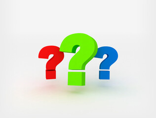 Three question marks in red, green and blue 