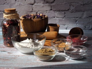 Natural ingredients for making homemade mask or ubtan