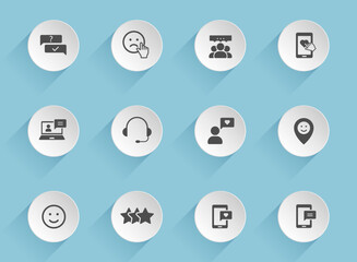 feedback vector icons on round puffy paper circles with transparent shadows on blue background. feedback stock vector icons for web, mobile and user interface design