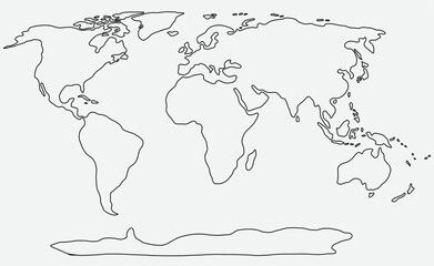 Freehand world map sketch on white background..