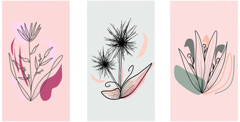 Fototapeta na wymiar Botanical wall art vector set. Tropical Flower line art drawing with abstract shape. Abstract Plant Art design for print, cover, wallpaper, Minimal and natural wall art. Vector illustration.