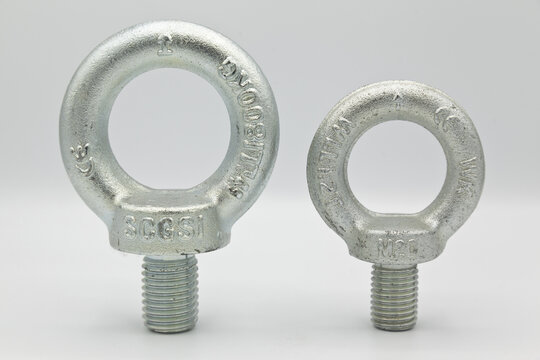 Galvanized metal with metric 20 and 24 eye bolt, CE certified in accordance with European standards, isolated on white background