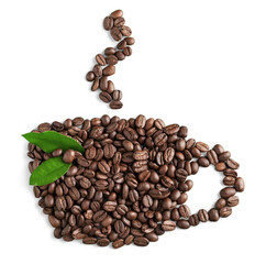 Roasted coffee beans placed in the shape of a cup and saucer on a white surface