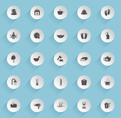 sauna vector icons on round puffy paper circles with transparent shadows on blue background. sauna stock vector icons for web, mobile and user interface design