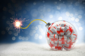Christmas tree toy in the form of a ball with gifts in the form of a bomb. New Year's card...