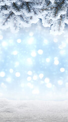 Screensaver wallpaper for smartphone with winter background. Christmas, New Year's composition with fir snow-covered branches and blurry garland lights. Banner 2023.
