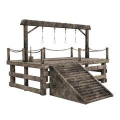 3D illustration of a wooden gallows platform with four ropes isolated on transparent background. - obrazy, fototapety, plakaty