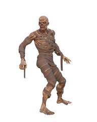3D illustration of a zombie mummified fantasy monster wrapped in bandages isolated on transparent background.