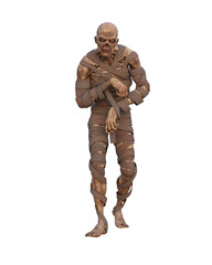 3D illustration of a zombie mummy fantasy creature walking toward the camera isolated on transparent background.