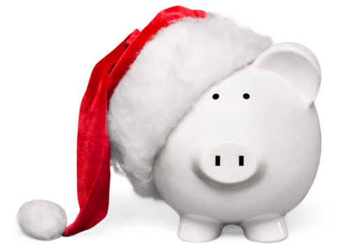 Piggy bank with Santa Claus hat isolated on white background - Powered by Adobe