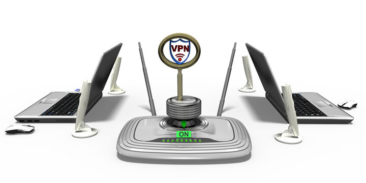 3d Laptop, Notebook VPN Router im Netzwerk, Illustration, freigestellt