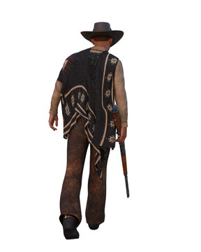3D illustration of a wild west cowboy man walking away with a rifle in his right hand isolated on transparent background.