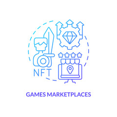 Games marketplaces blue gradient concept icon. Specified collections. NFT selling platform category abstract idea thin line illustration. Isolated outline drawing. Myriad Pro-Bold font used