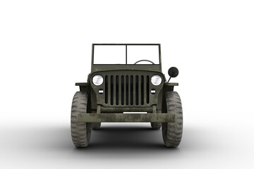 Front view 3D illustration of a vintage green military jeep isolated on transparent background. - obrazy, fototapety, plakaty