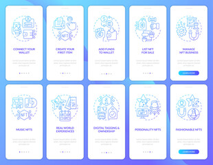 Naklejka premium NFTs minting and trends blue gradient onboarding mobile app screen set. Walkthrough 5 steps graphic instructions with linear concepts. UI, UX, GUI template. Myriad Pro-Bold, Regular fonts used
